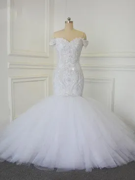 Luxury Off-the -Shoulder Crytstal Tull Mermaid Wedding Dresses