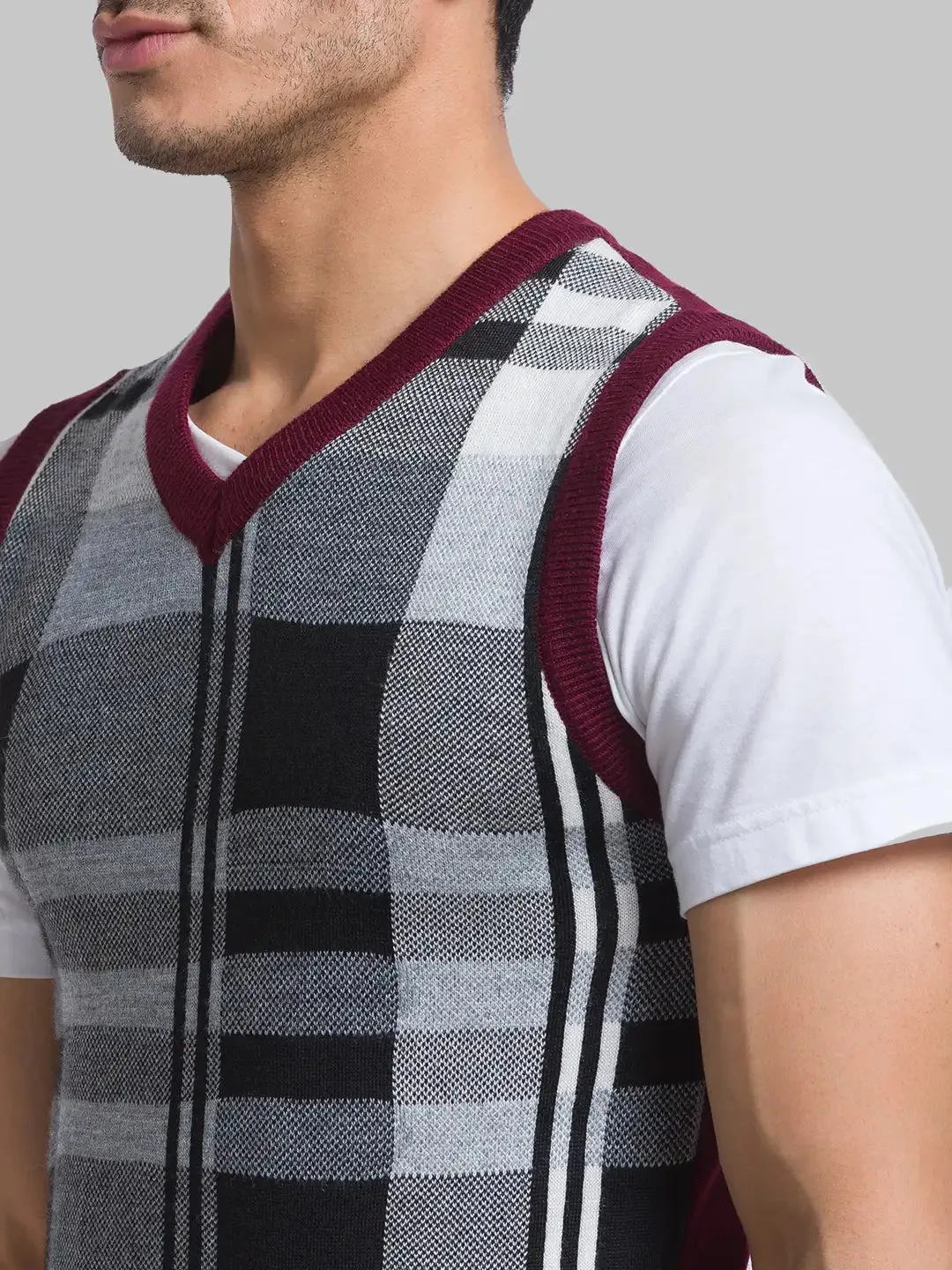 Men Maroon Yarn Dyed Acrylic Blend Sleeveless Sweaters