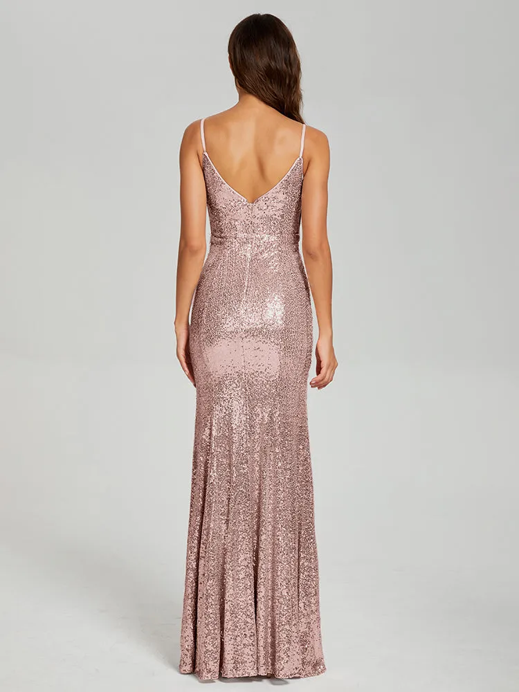 Mermaid Spaghetti Straps Sequins Prom Dresses with Slit