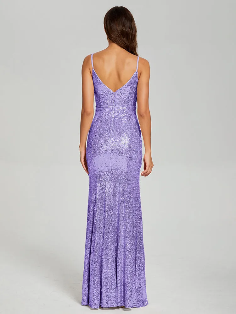 Mermaid Spaghetti Straps Sequins Prom Dresses with Slit