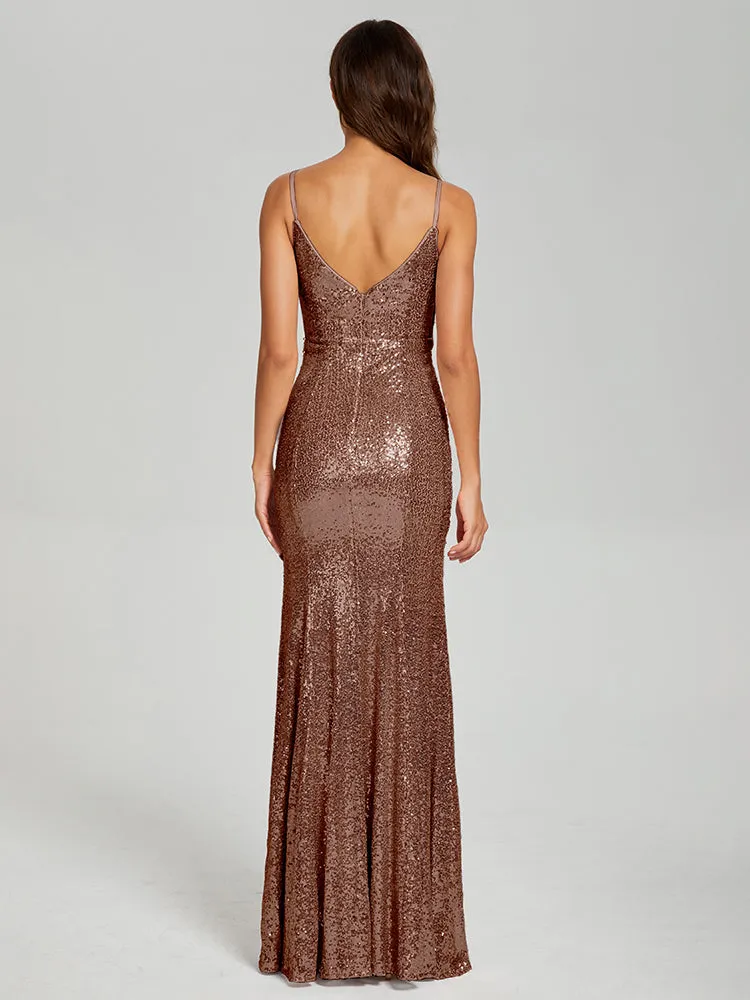 Mermaid Spaghetti Straps Sequins Prom Dresses with Slit