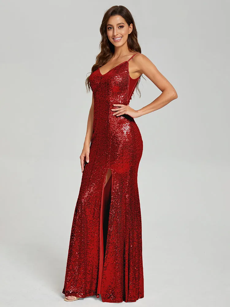Mermaid Spaghetti Straps Sequins Prom Dresses with Slit