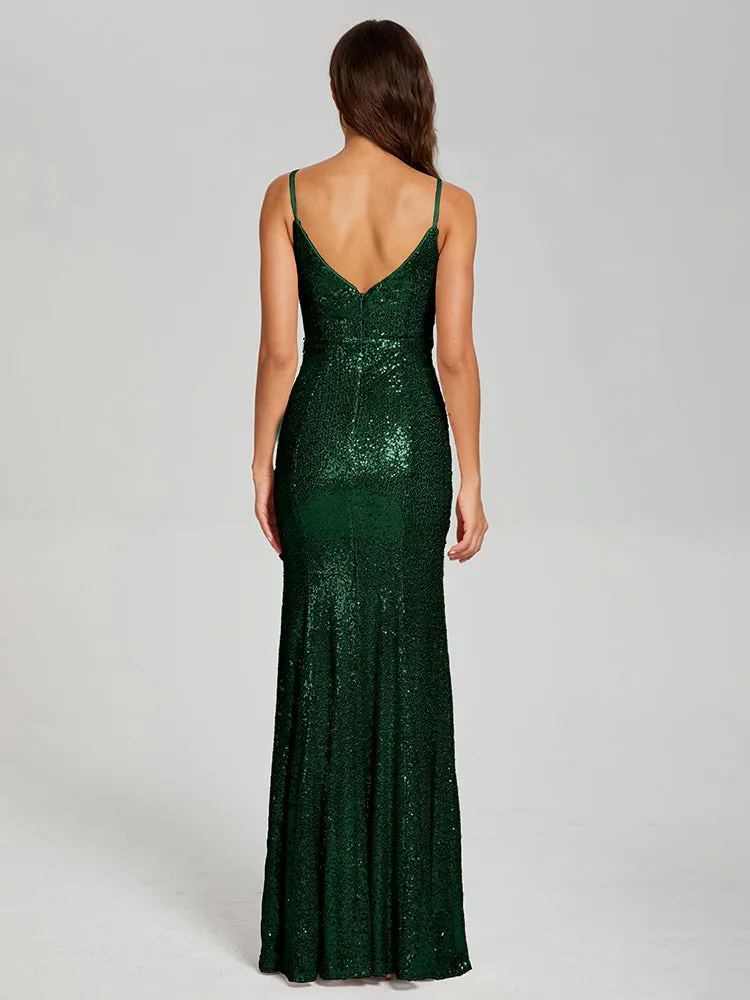 Mermaid Spaghetti Straps Sequins Prom Dresses with Slit