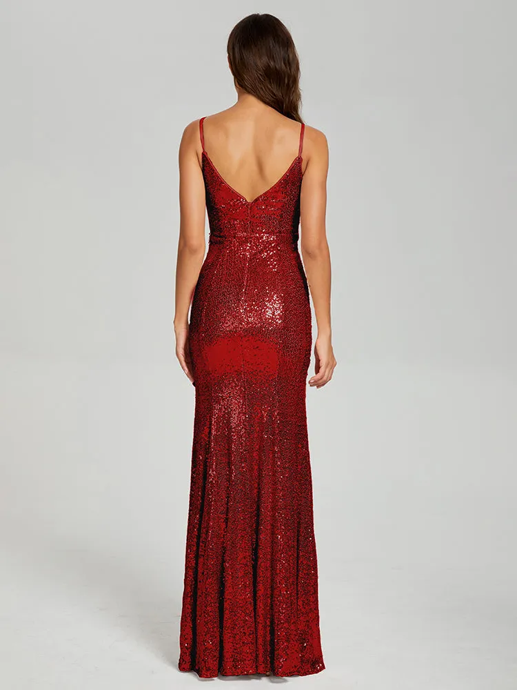 Mermaid Spaghetti Straps Sequins Prom Dresses with Slit