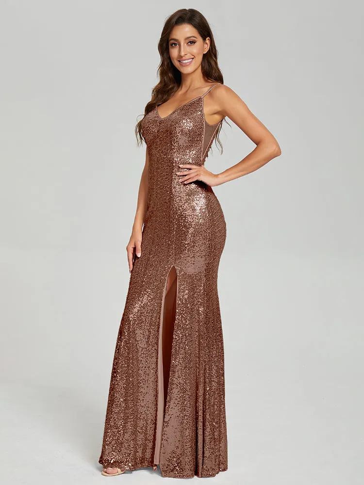 Mermaid Spaghetti Straps Sequins Prom Dresses with Slit