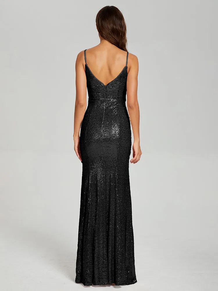 Mermaid Spaghetti Straps Sequins Prom Dresses with Slit
