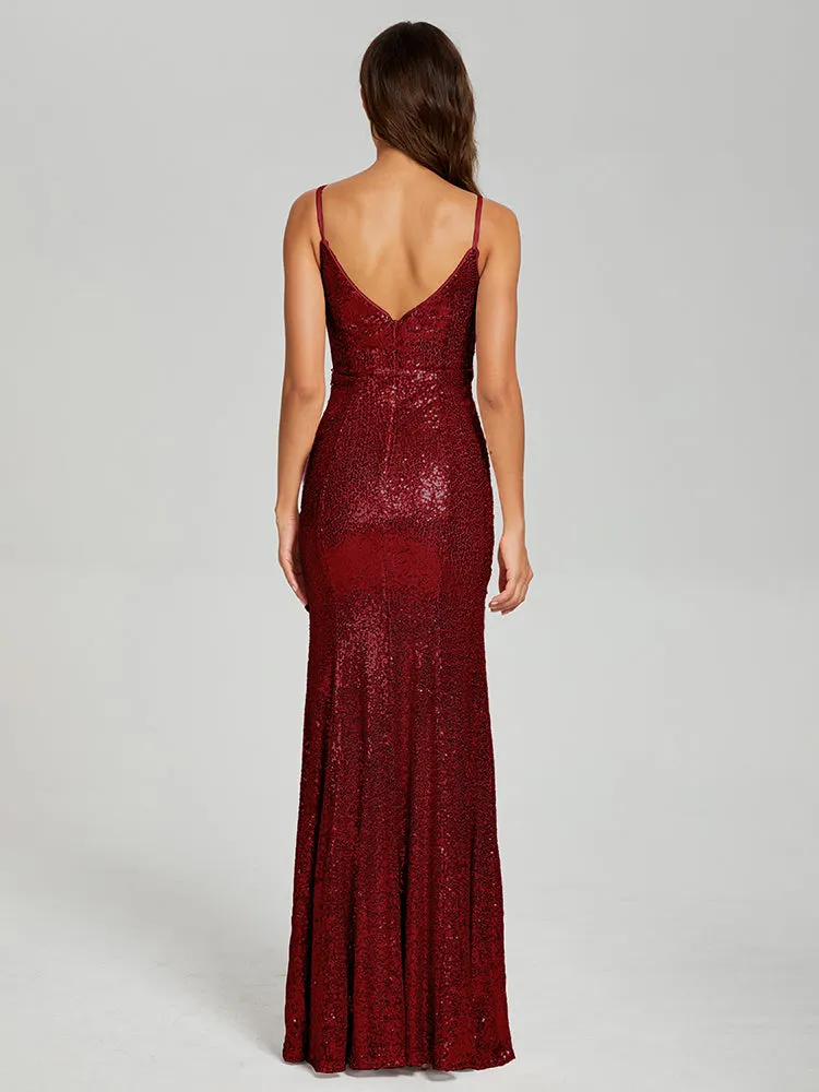 Mermaid Spaghetti Straps Sequins Prom Dresses with Slit