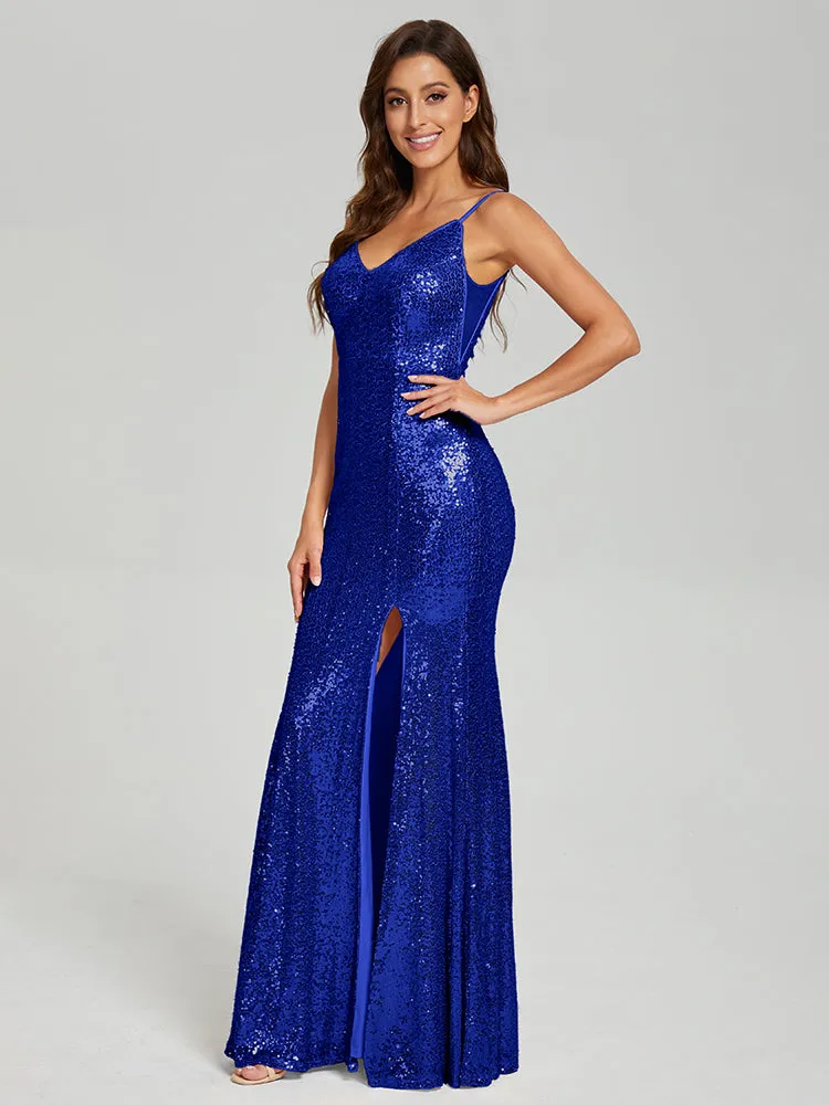 Mermaid Spaghetti Straps Sequins Prom Dresses with Slit