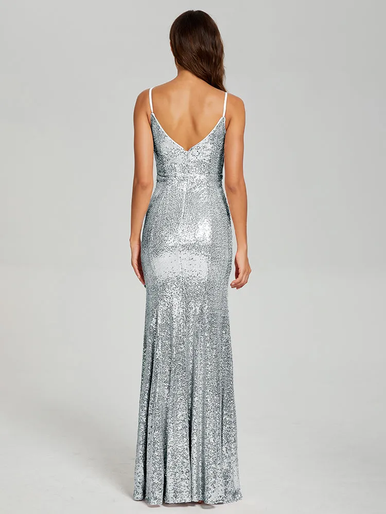 Mermaid Spaghetti Straps Sequins Prom Dresses with Slit
