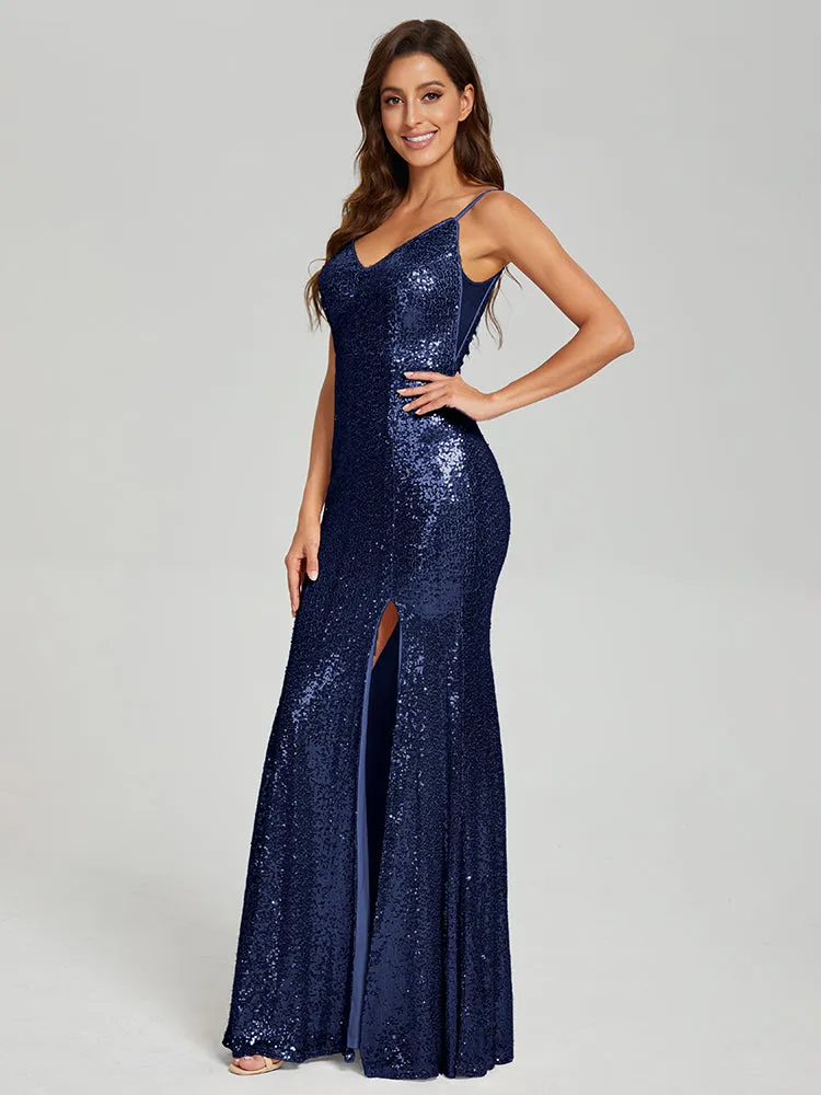 Mermaid Spaghetti Straps Sequins Prom Dresses with Slit