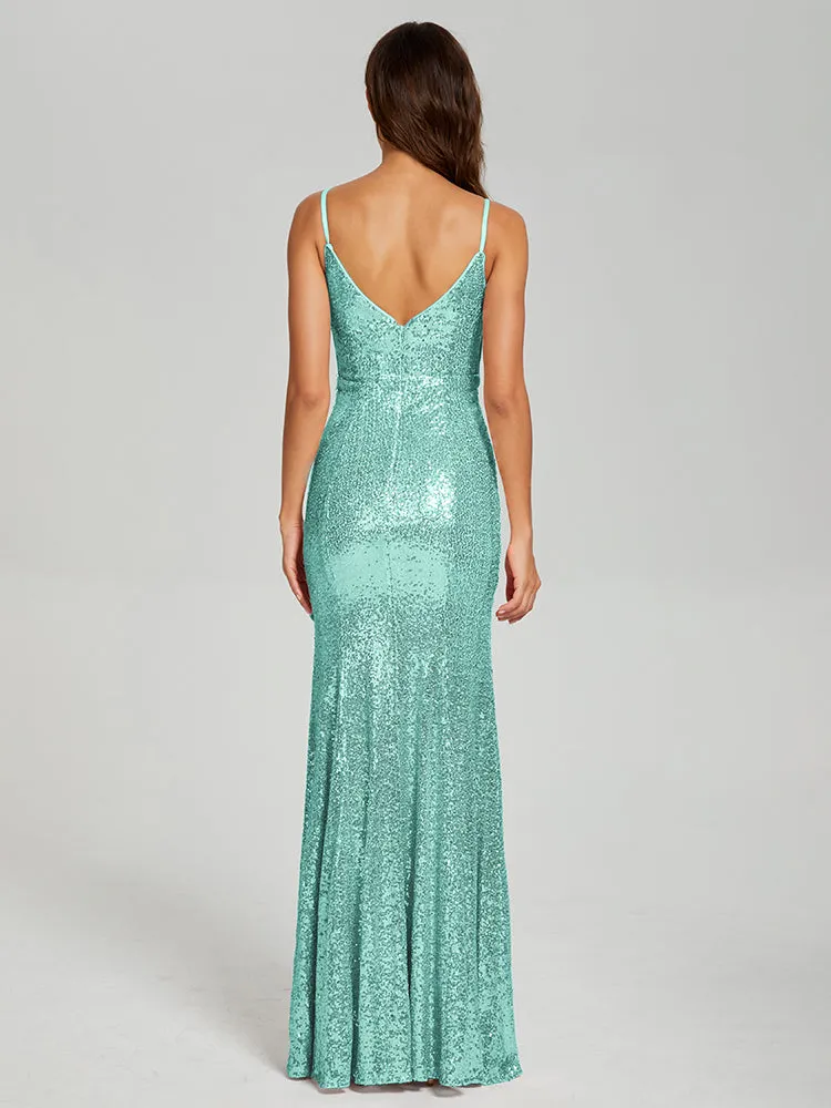 Mermaid Spaghetti Straps Sequins Prom Dresses with Slit