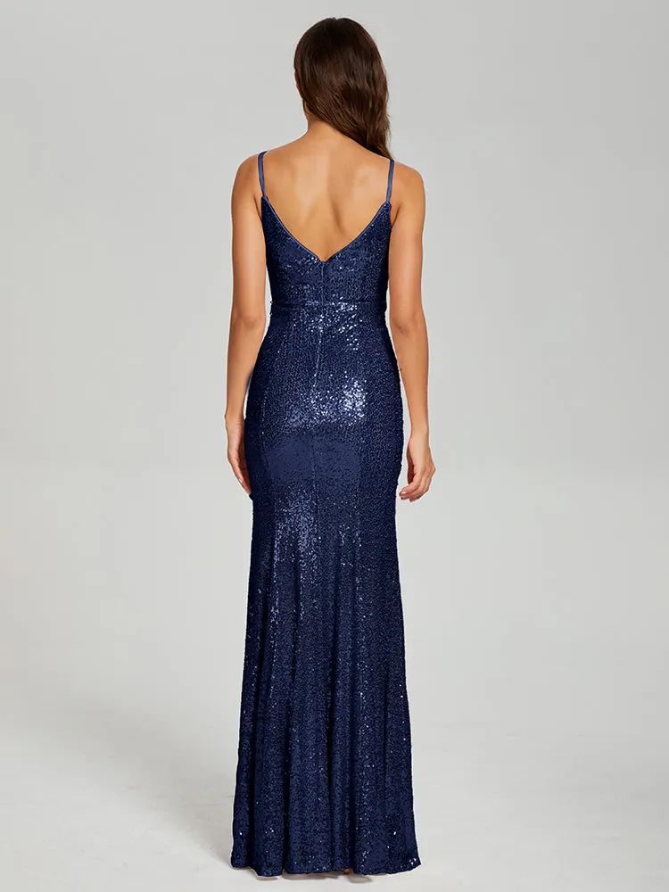 Mermaid Spaghetti Straps Sequins Prom Dresses with Slit