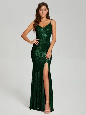 Mermaid Spaghetti Straps Sequins Prom Dresses with Slit