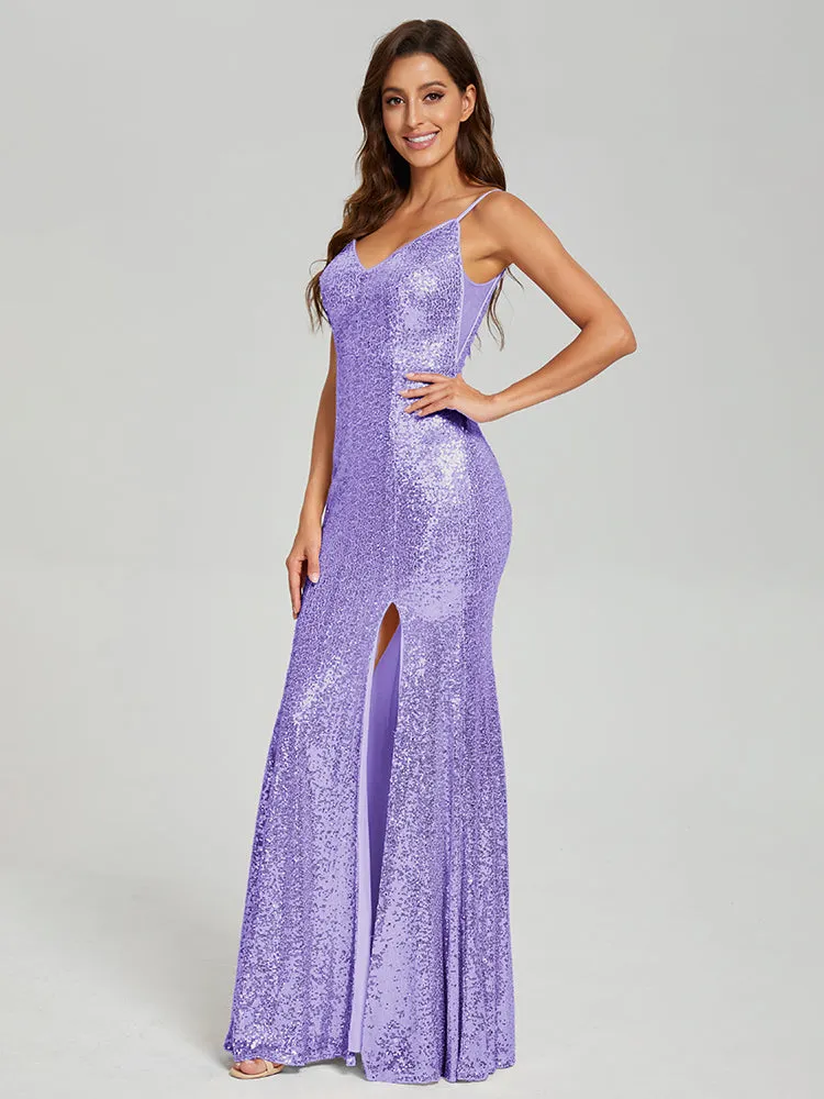 Mermaid Spaghetti Straps Sequins Prom Dresses with Slit