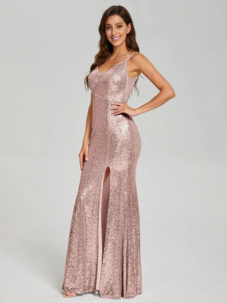 Mermaid Spaghetti Straps Sequins Prom Dresses with Slit