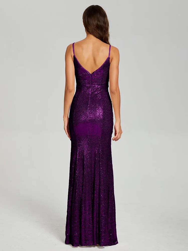 Mermaid Spaghetti Straps Sequins Prom Dresses with Slit