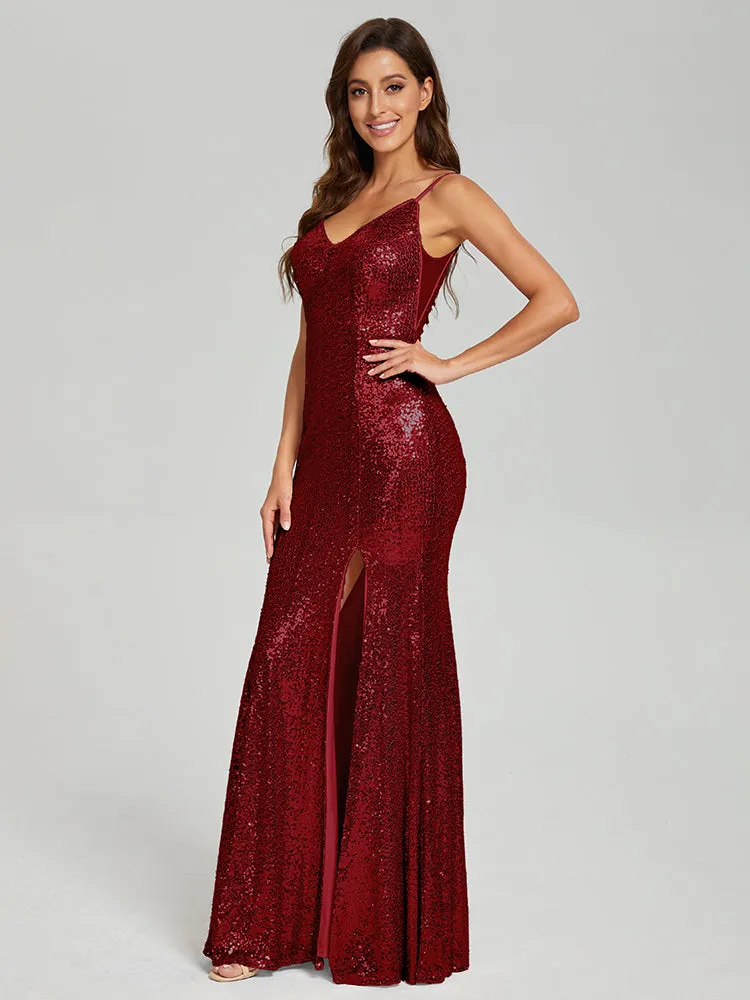 Mermaid Spaghetti Straps Sequins Prom Dresses with Slit