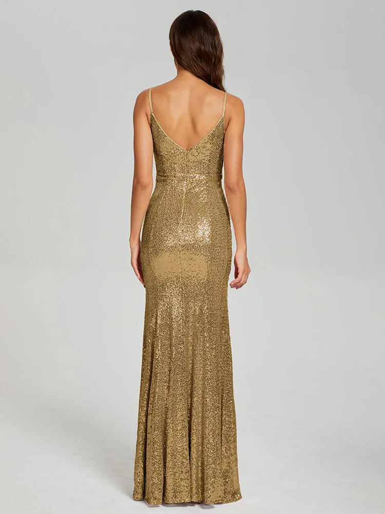 Mermaid Spaghetti Straps Sequins Prom Dresses with Slit