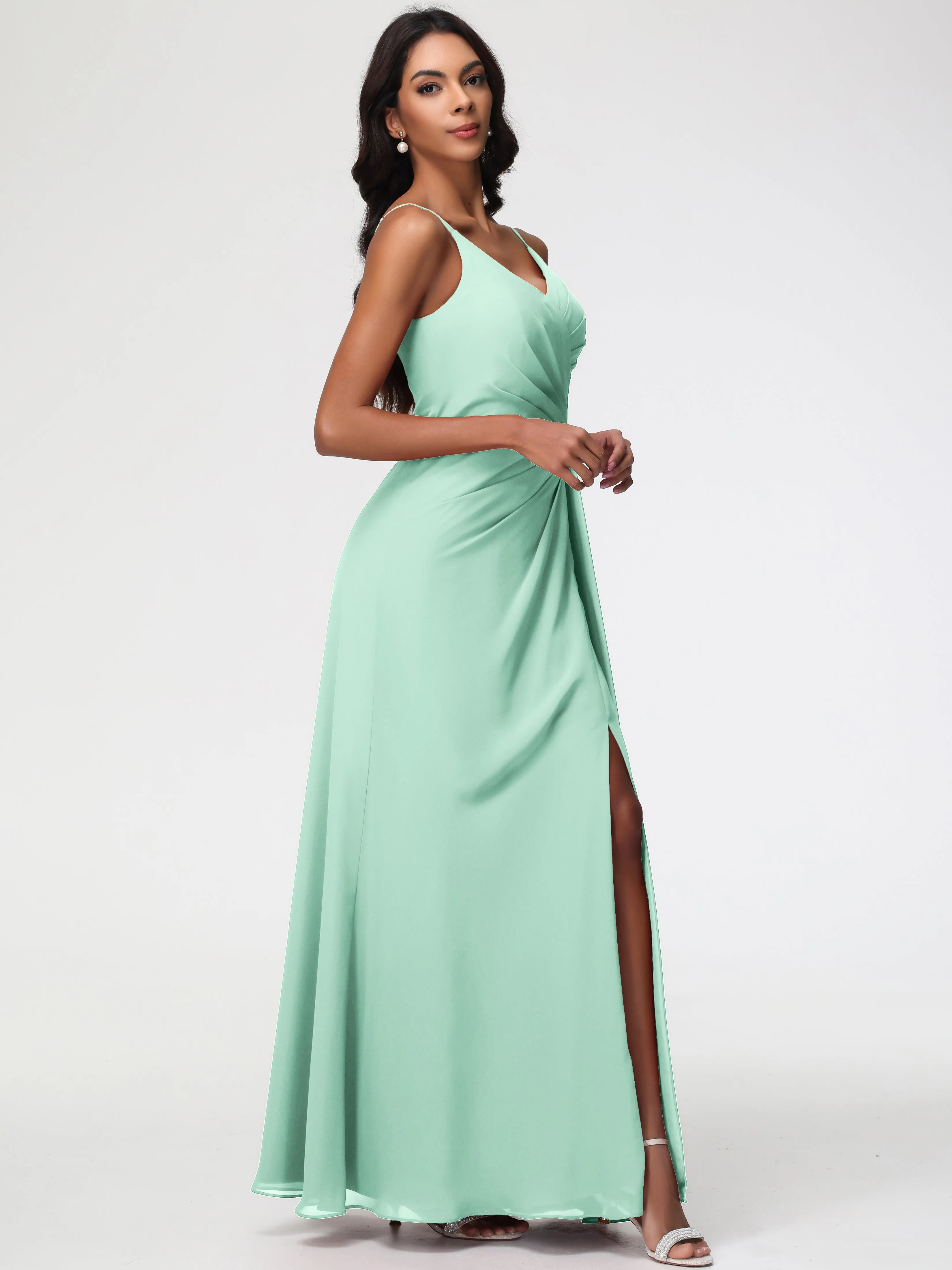 Mint Green Dress Bridesmaid A-Line V-Neck Spaghetti Straps Ruched Chiffon Bridesmaid Dresses With Slit