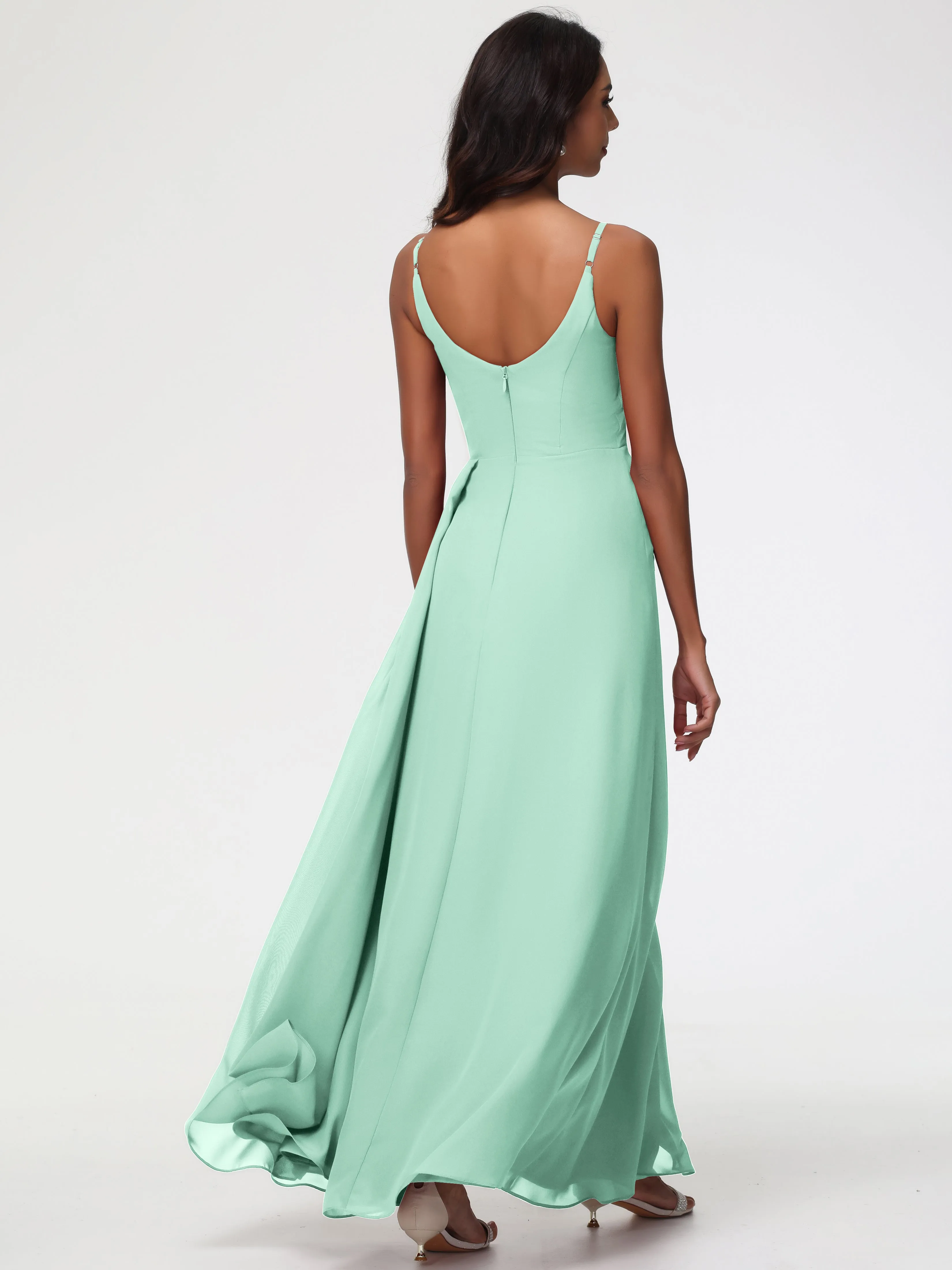Mint Green Dress Bridesmaid A-Line V-Neck Spaghetti Straps Ruched Chiffon Bridesmaid Dresses With Slit
