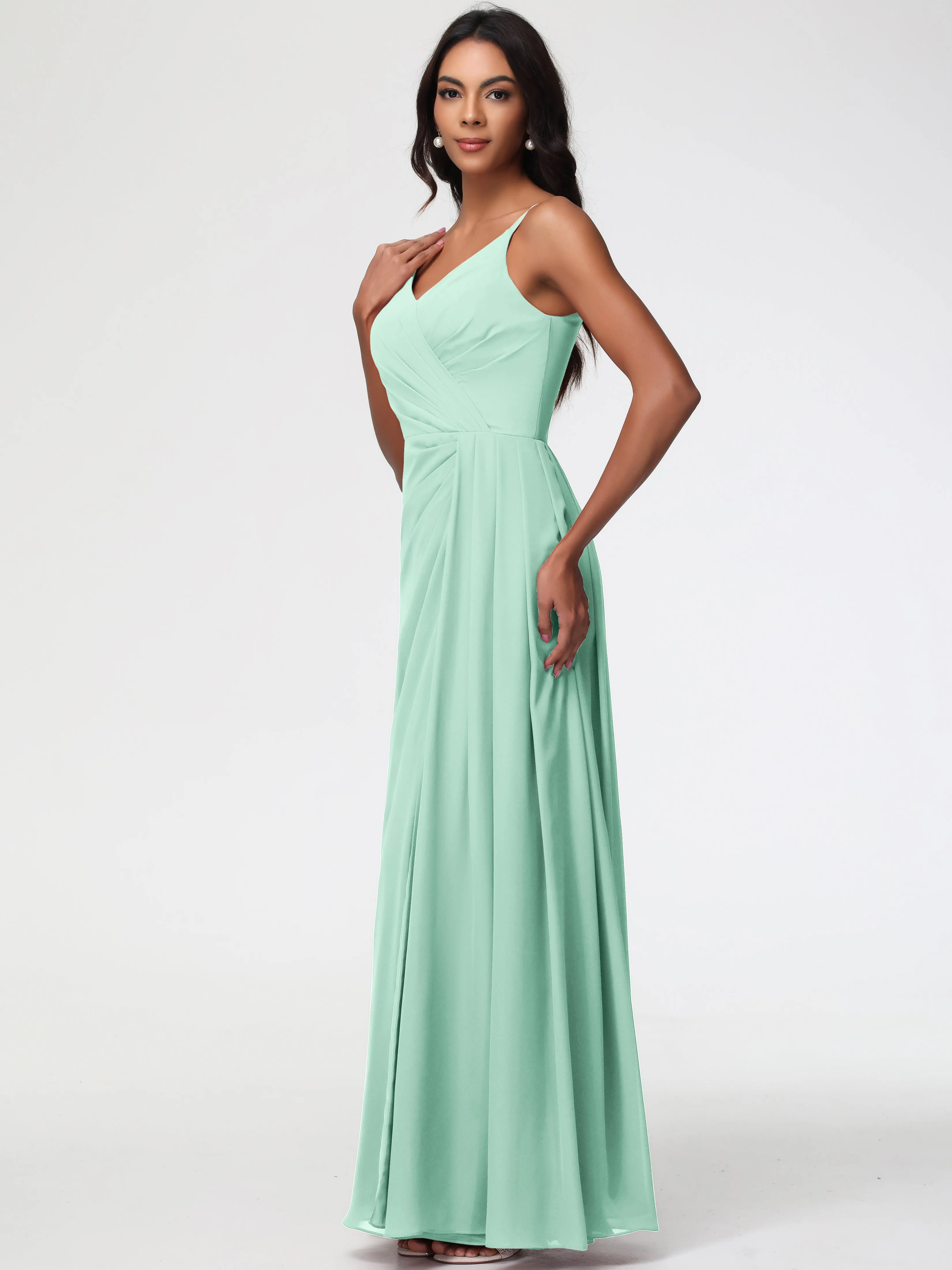 Mint Green Dress Bridesmaid A-Line V-Neck Spaghetti Straps Ruched Chiffon Bridesmaid Dresses With Slit