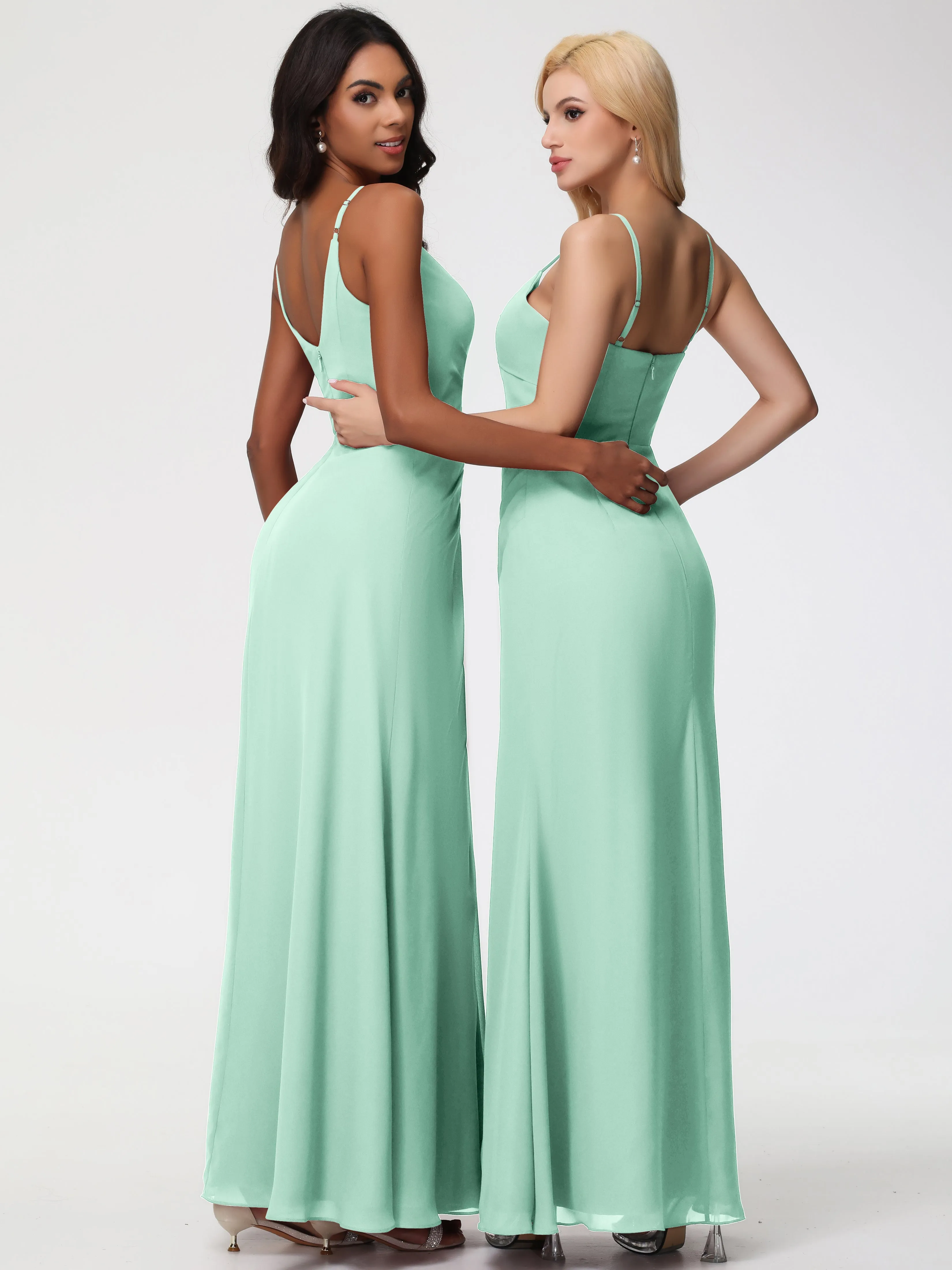Mint Green Dress Bridesmaid A-Line V-Neck Spaghetti Straps Ruched Chiffon Bridesmaid Dresses With Slit