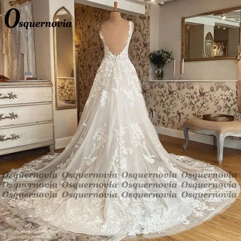 Osquernovia Atttrative Backless Bridal Dress for Women Lace Appliques Pleat V-neck Vestido De Casamento Customised Plus Size