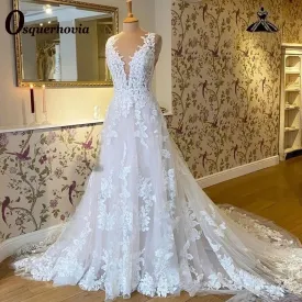 Osquernovia Atttrative Backless Bridal Dress for Women Lace Appliques Pleat V-neck Vestido De Casamento Customised Plus Size