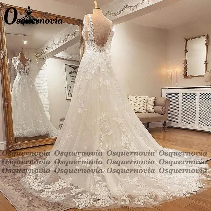 Osquernovia Atttrative Backless Bridal Dress for Women Lace Appliques Pleat V-neck Vestido De Casamento Customised Plus Size