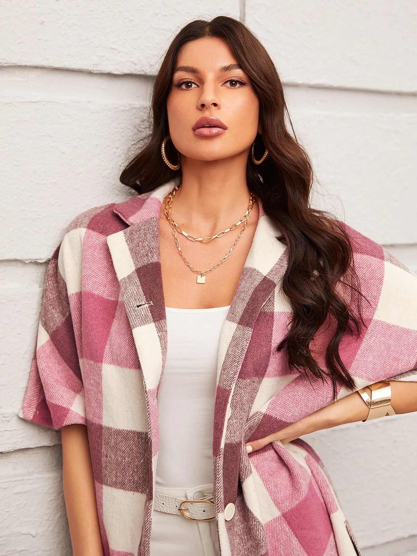 Preppy Plaid Button Front Half Sleeve Collar Asymmetrical Short Women Overcoat