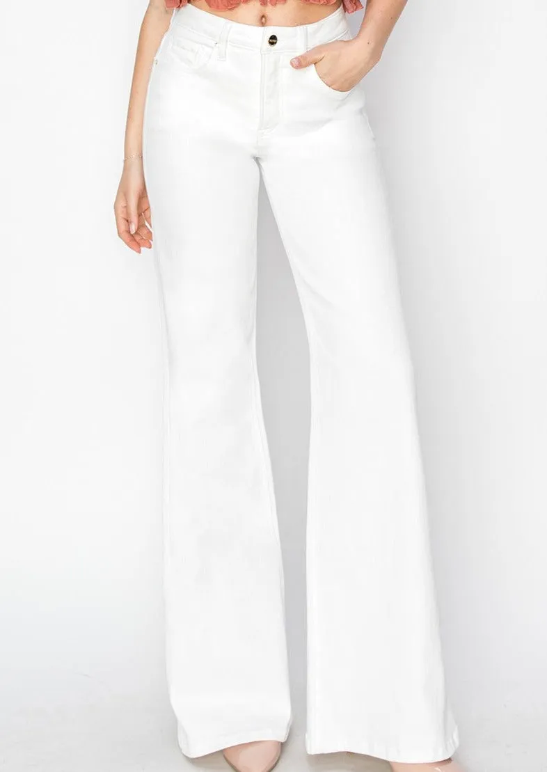 RISEN JEANS: WHITE HIGH RISE WIDE LEG JEANS