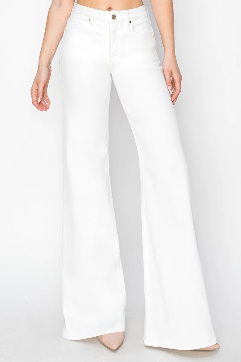 RISEN JEANS: WHITE HIGH RISE WIDE LEG JEANS