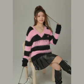 Striped V-Neck Knit Sweater