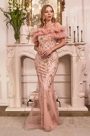 TULLE OFF THE SHOULDER FITTED GOWN