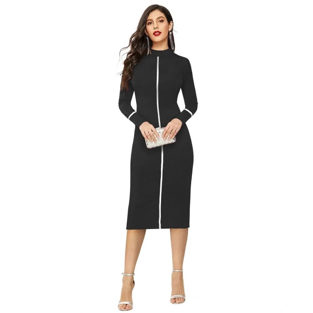 Urbane Women's Knitting strachable Solid Round Neck Full Sleeve Dress