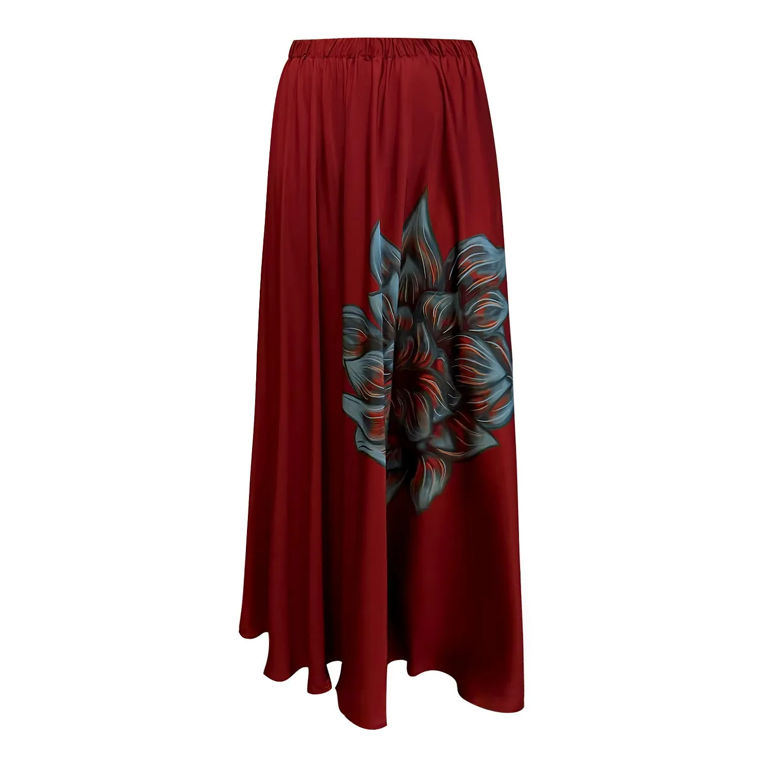 Wine Blue Floral Maxi Satin Skirt
