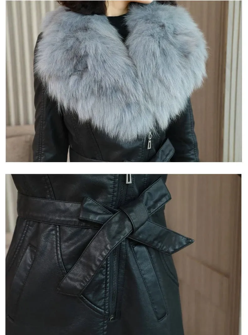 Winter Faux Fur Collar Leather Long Loose Coats Coat